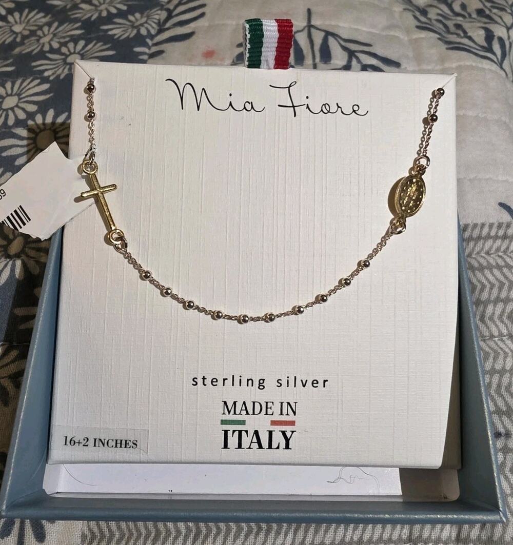 MIA FIORE 2-Tone Gold Plated Sterling Silver Rosary Medallion Cross Necklace NIB